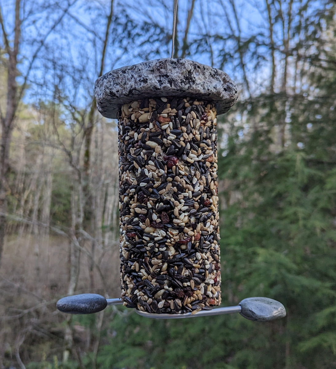 Feast Lifetime Seed Cylinder Bird Feeder, made from Reclaimed Granit Sea Stones