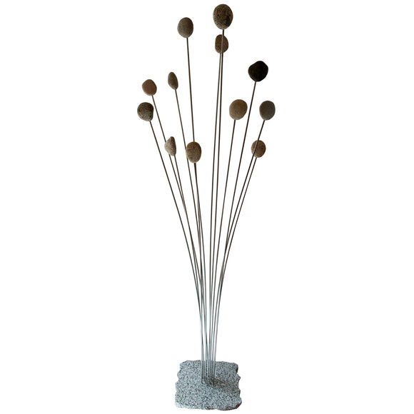 Cattail Sculpture made of Beach Stones, Stainless Steel, and Granite