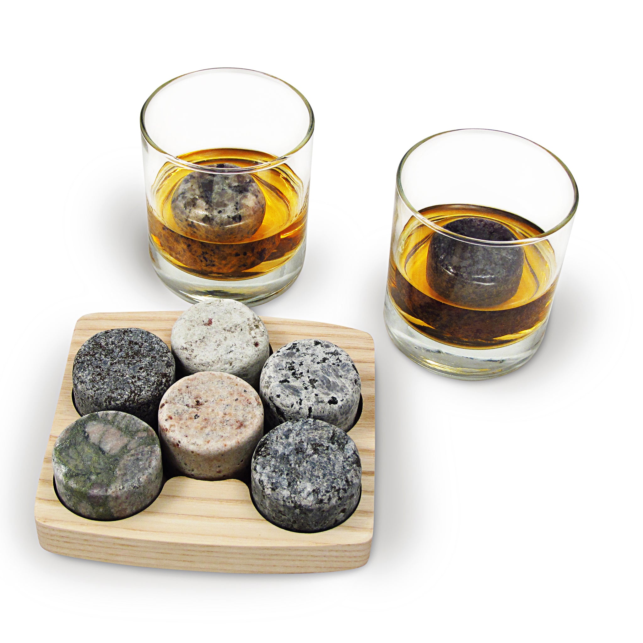 On The Rocks Granite Whiskey Chilling Stones with Hardwood Tray and Tu –  Sea Stones